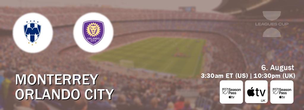You can watch game live between Monterrey and Orlando City on MLS Season Pass, Apple TV(UK), MLS Season Pass(US). You can watch game live between Monterrey and Orlando City on MLS Season Pass, Apple TV(UK), MLS Season Pass(US).