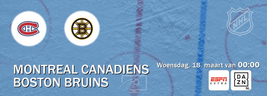 Wedstrijd tussen Montreal Canadiens en Boston Bruins live op tv bij ESPN Extra, DAZN (woensdag, 18. maart van  00:00).