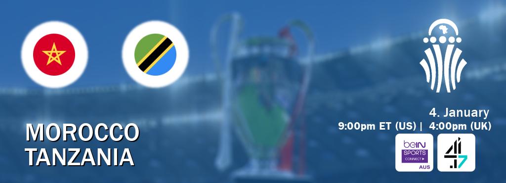 You can watch game live between Morocco and Tanzania on beIN Sports Connect(AU) and 4seven(UK). You can watch game live between Morocco and Tanzania on beIN Sports Connect(AU) and 4seven(UK).