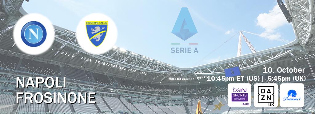 You can watch game live between Napoli and Frosinone on beIN Sports Connect(AU), DAZN UK(UK), Paramount+(US). You can watch game live between Napoli and Frosinone on beIN Sports Connect(AU), DAZN UK(UK), Paramount+(US).