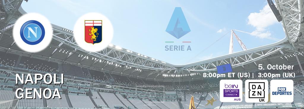 You can watch game live between Napoli and Genoa on beIN Sports Connect(AU), DAZN UK(UK), Fox Deportes(US). You can watch game live between Napoli and Genoa on beIN Sports Connect(AU), DAZN UK(UK), Fox Deportes(US).