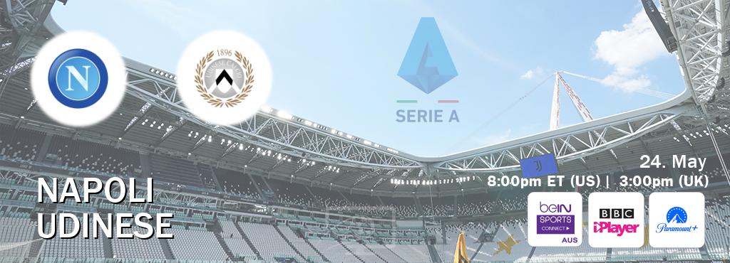 You can watch game live between Napoli and Udinese on beIN Sports Connect(AU), BBC iPlayer(UK), Paramount+(US).