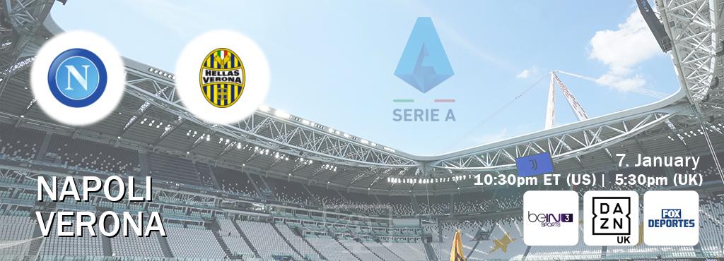 You can watch game live between Napoli and Verona on beIN SPORTS 3(AU), DAZN UK(UK), Fox Deportes(US).
