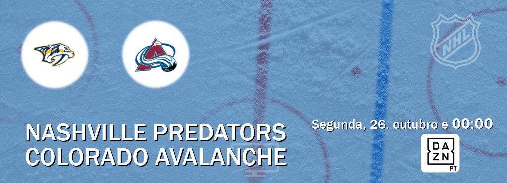 Jogo entre Nashville Predators e Colorado Avalanche tem emissão DAZN (segunda, 26. outubro e 00:00). Jogo entre Nashville Predators e Colorado Avalanche tem emissão DAZN (segunda, 26. outubro e 00:00).