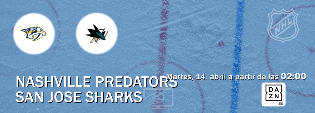 El partido entre Nashville Predators y San Jose Sharks será retransmitido por DAZN España (martes, 14. abril a partir de las  02:00).
