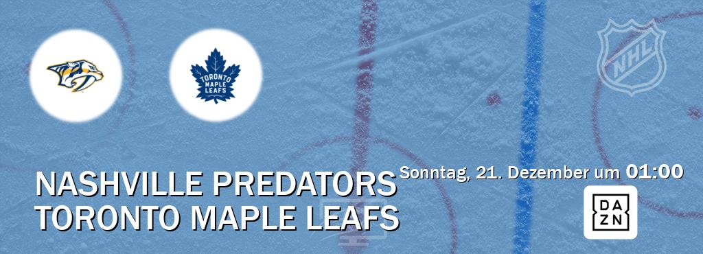 Das Spiel zwischen Nashville Predators und Toronto Maple Leafs wird am Sonntag, 21. Dezember um 01:00, live vom DAZN übertragen. Das Spiel zwischen Nashville Predators und Toronto Maple Leafs wird am Sonntag, 21. Dezember um 01:00, live vom DAZN übertragen.