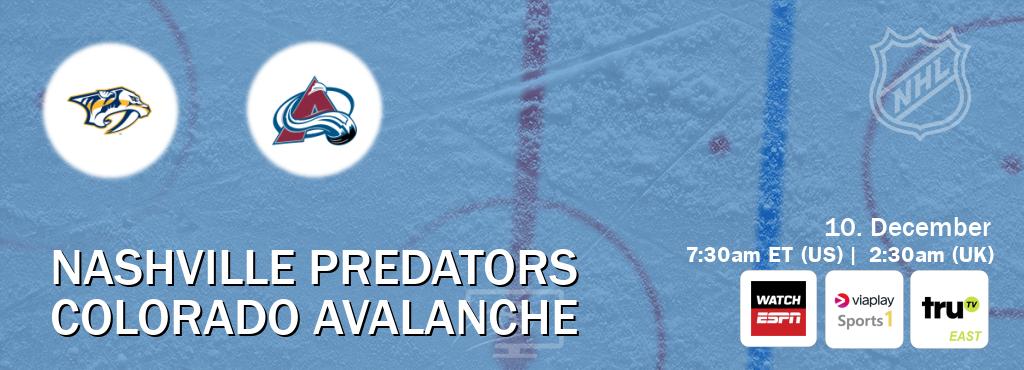 You can watch game live between Nashville Predators and Colorado Avalanche on WatchESPN(AU), Viaplay Sports 1(UK), truTV East(US).