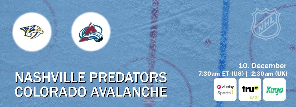 You can watch game live between Nashville Predators and Colorado Avalanche on Viaplay Sports 1(UK), truTV East(US), Kayo Sports(AU).