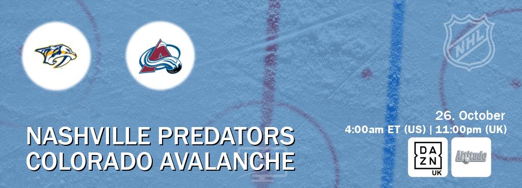 You can watch game live between Nashville Predators and Colorado Avalanche on DAZN UK(UK) and Altitude(US).