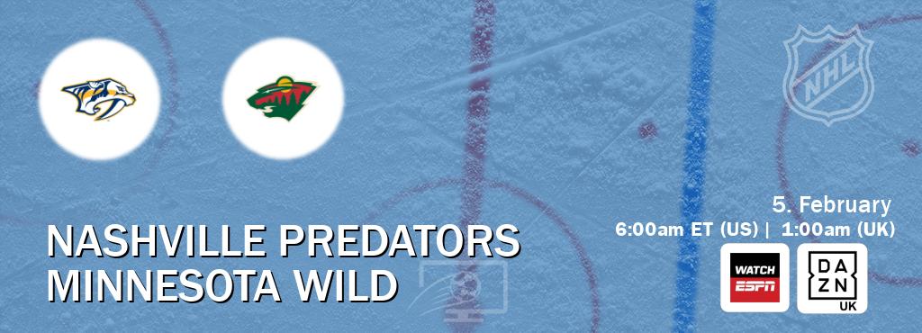 You can watch game live between Nashville Predators and Minnesota Wild on WatchESPN(AU) and DAZN UK(UK).