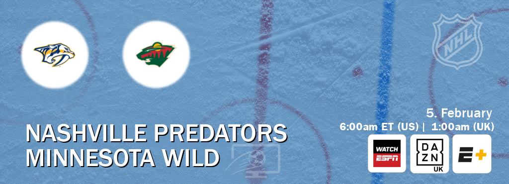 You can watch game live between Nashville Predators and Minnesota Wild on WatchESPN(AU), DAZN UK(UK), ESPN+(US).