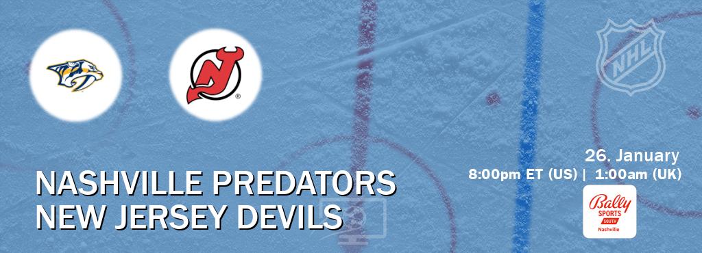 You can watch game live between Nashville Predators and New Jersey Devils on Bally Sports Nashville.