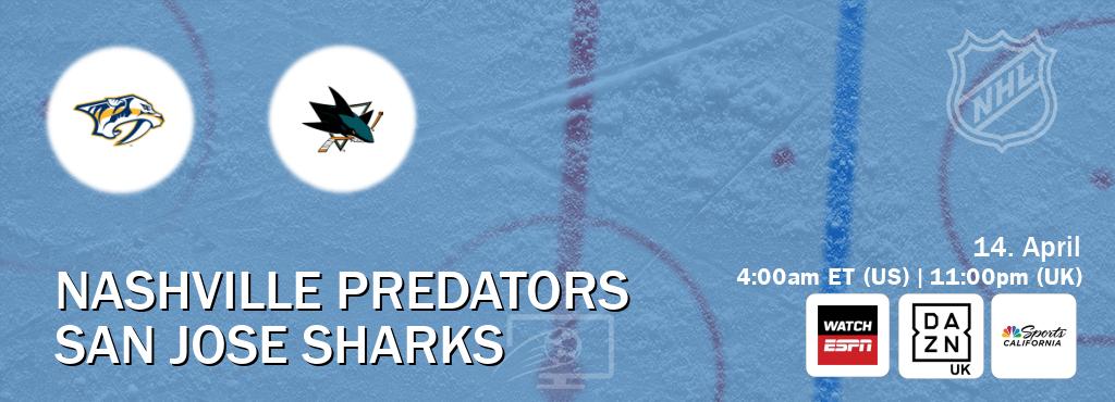 You can watch game live between Nashville Predators and San Jose Sharks on WatchESPN(AU), DAZN UK(UK), NBCS California(US).
