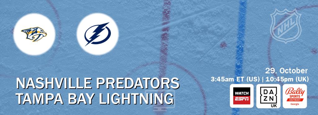 You can watch game live between Nashville Predators and Tampa Bay Lightning on WatchESPN(AU), DAZN UK(UK), Bally Sports Georgia(US). You can watch game live between Nashville Predators and Tampa Bay Lightning on WatchESPN(AU), DAZN UK(UK), Bally Sports Georgia(US).