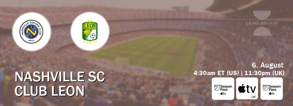 You can watch game live between Nashville SC and Club Leon on MLS Season Pass, Apple TV(UK), MLS Season Pass(US). You can watch game live between Nashville SC and Club Leon on MLS Season Pass, Apple TV(UK), MLS Season Pass(US).