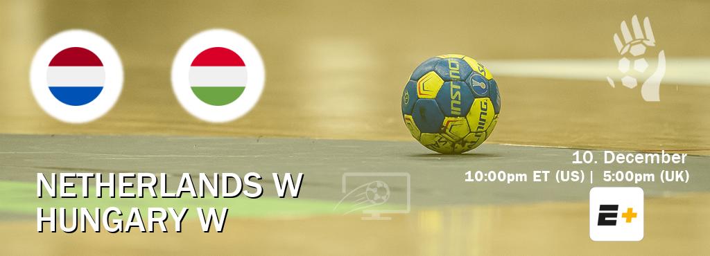 You can watch game live between Netherlands W and Hungary W on ESPN+(US).