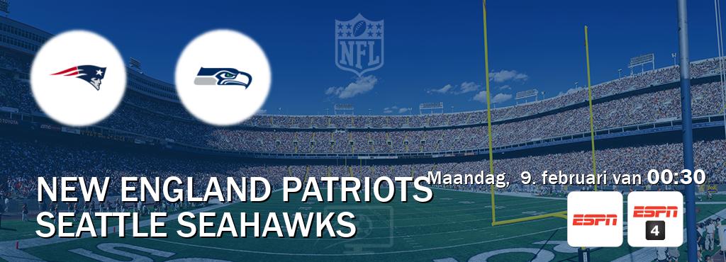 Wedstrijd tussen New England Patriots en Seattle Seahawks live op tv bij ESPN 1, ESPN 4 (maandag,  9. februari van  00:30).