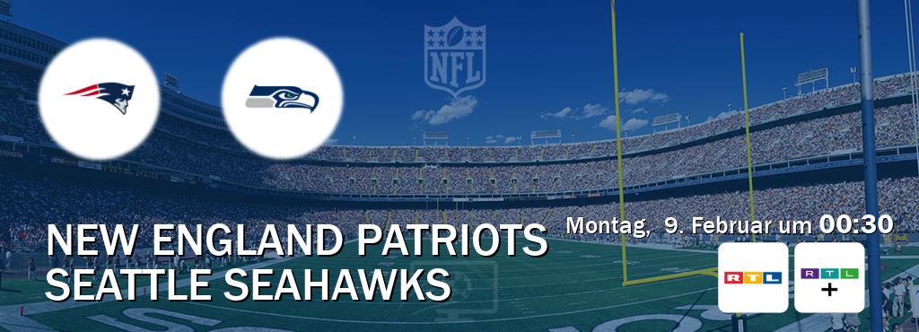 Das Spiel zwischen New England Patriots und Seattle Seahawks wird am Montag,  9. Februar um  00:30, live vom RTL und RTL+ übertragen.