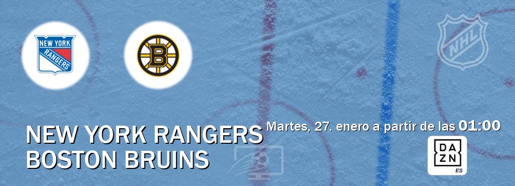 El partido entre New York Rangers y Boston Bruins será retransmitido por DAZN España (martes, 27. enero a partir de las  01:00).