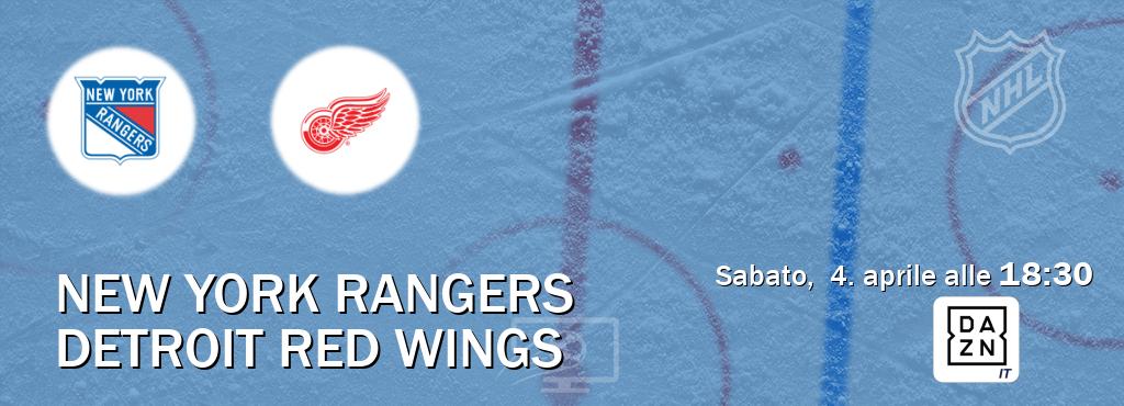 Il match New York Rangers - Detroit Red Wings sarà trasmesso in diretta TV su DAZN Italia (ore 18:30)