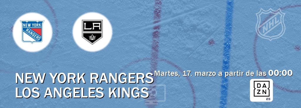 El partido entre New York Rangers y Los Angeles Kings será retransmitido por DAZN España (martes, 17. marzo a partir de las  00:00).