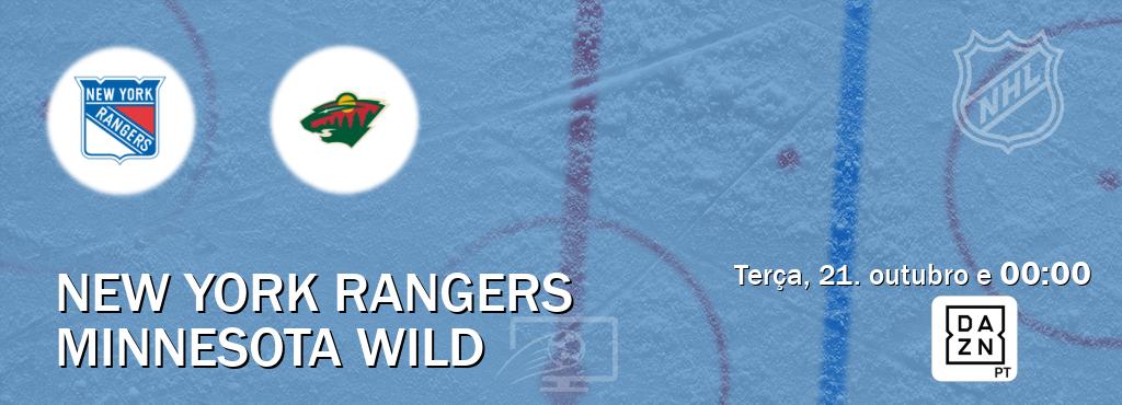 Jogo entre New York Rangers e Minnesota Wild tem emissão DAZN (terça, 21. outubro e  00:00).