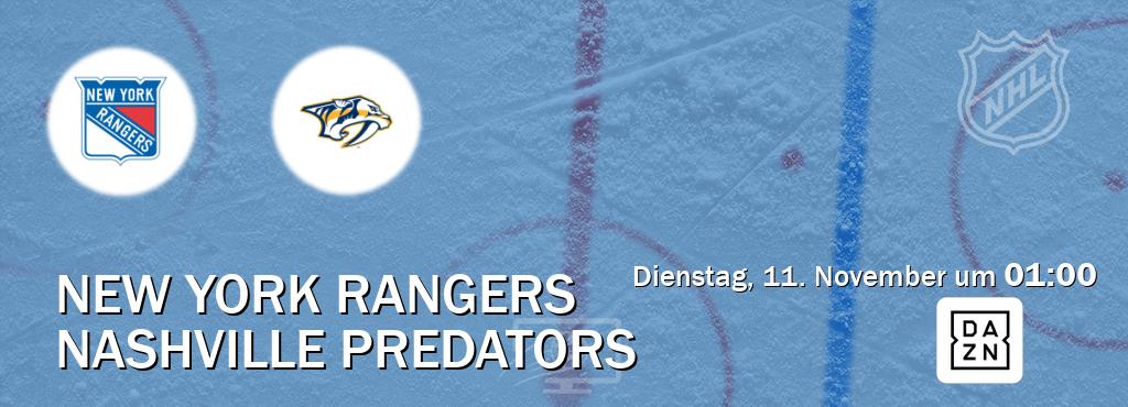 Das Spiel zwischen New York Rangers und Nashville Predators wird am Dienstag, 11. November um 01:00, live vom DAZN übertragen. Das Spiel zwischen New York Rangers und Nashville Predators wird am Dienstag, 11. November um 01:00, live vom DAZN übertragen.