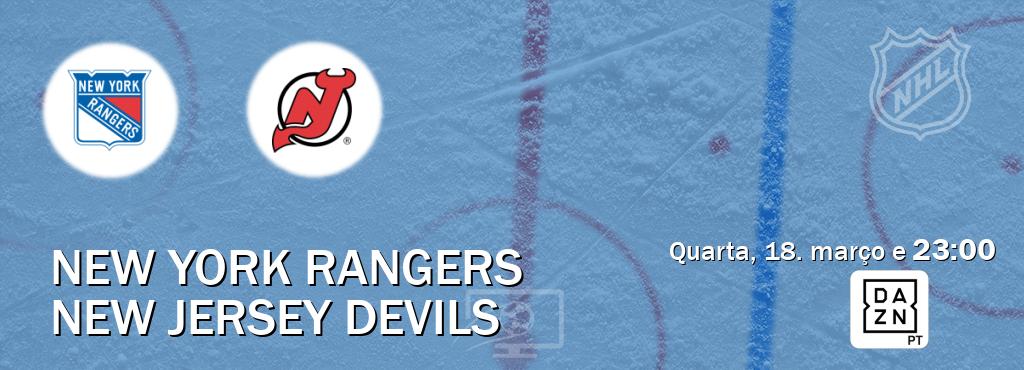 Jogo entre New York Rangers e New Jersey Devils tem emissão DAZN (quarta, 18. março e  23:00).