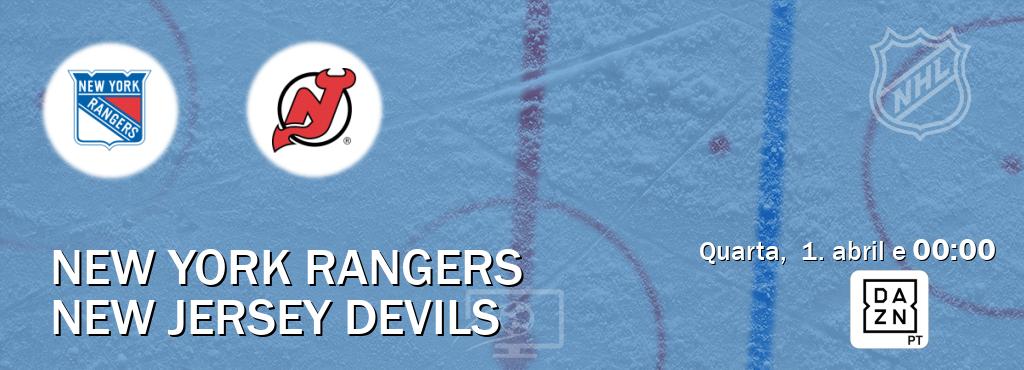 Jogo entre New York Rangers e New Jersey Devils tem emissão DAZN (quarta,  1. abril e  00:00).