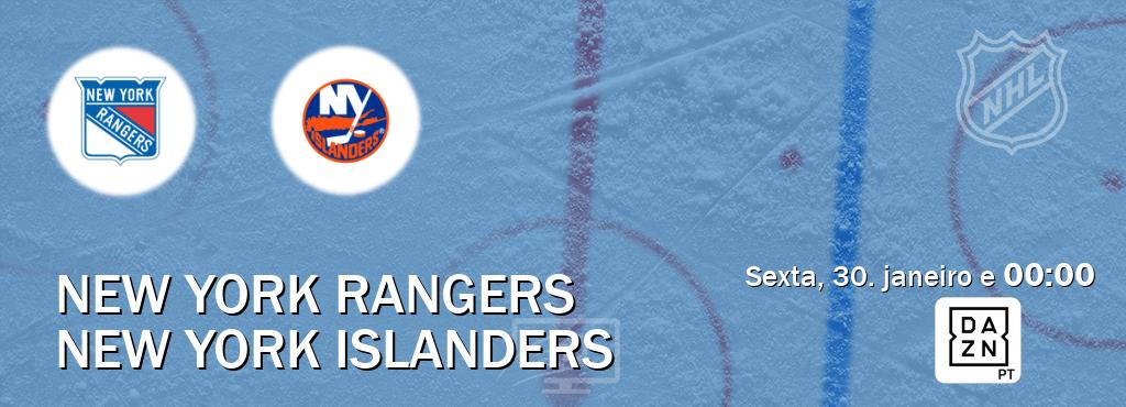 Jogo entre New York Rangers e New York Islanders tem emissão DAZN (sexta, 30. janeiro e  00:00).