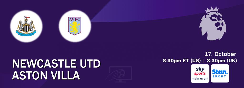 You can watch game live between Newcastle Utd and Aston Villa on Sky Sports Main Event(UK) and Stan Sport(AU). You can watch game live between Newcastle Utd and Aston Villa on Sky Sports Main Event(UK) and Stan Sport(AU).