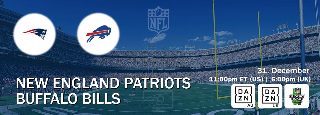You can watch game live between New England Patriots and Buffalo Bills on DAZN(AU), DAZN UK(UK), NFL Sunday Ticket(US).