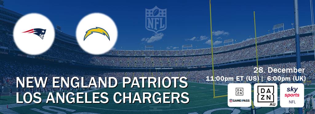 You can watch game live between New England Patriots and Los Angeles Chargers on DAZN NFL Game Pass, DAZN(AU), Sky Sports NFL(UK).