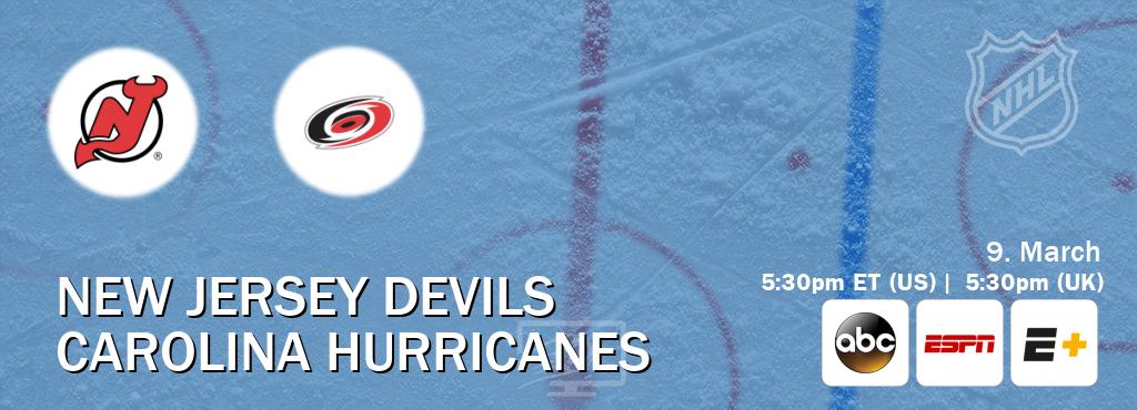 You can watch game live between New Jersey Devils and Carolina Hurricanes on ABC(US), ESPN(AU), ESPN+(US).