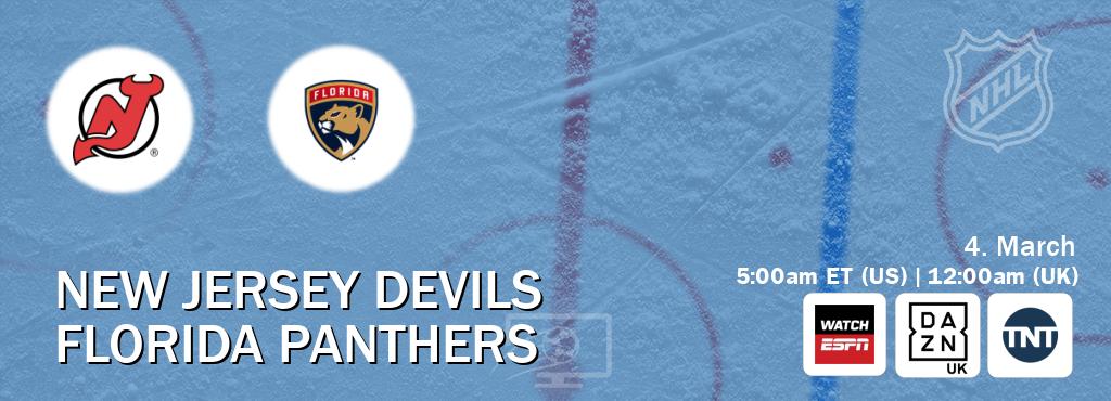 You can watch game live between New Jersey Devils and Florida Panthers on WatchESPN(AU), DAZN UK(UK), TNT(US).