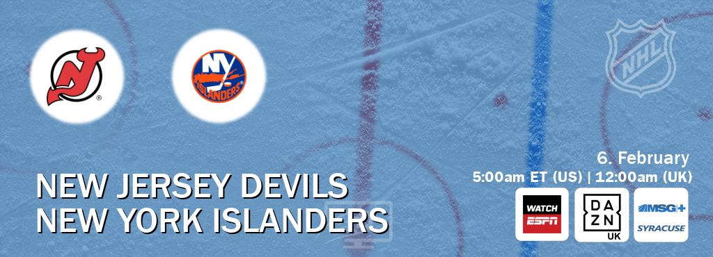 You can watch game live between New Jersey Devils and New York Islanders on WatchESPN(AU), DAZN UK(UK), MSG Plus Syracuse(US).