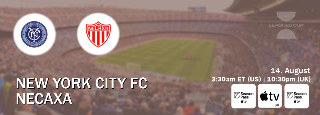 You can watch game live between New York City FC and Necaxa on MLS Season Pass, Apple TV(UK), MLS Season Pass(US).