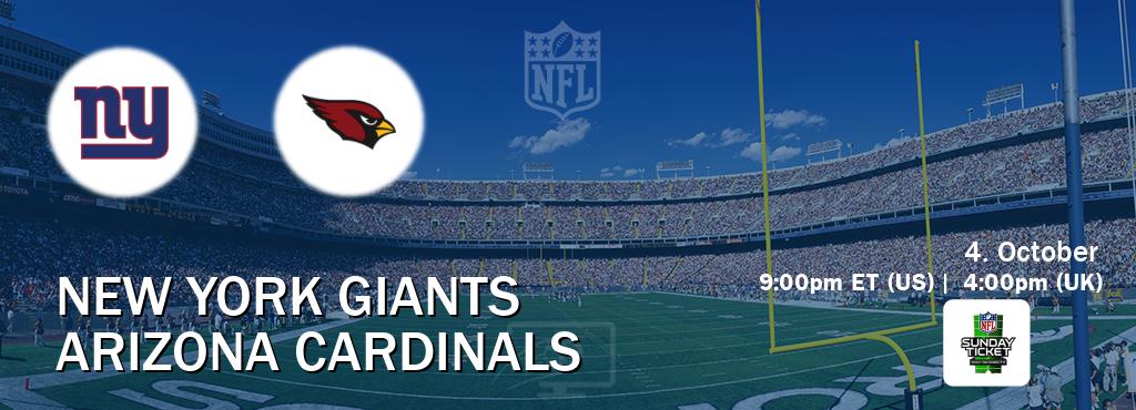 You can watch game live between New York Giants and Arizona Cardinals on NFL Sunday Ticket(US). You can watch game live between New York Giants and Arizona Cardinals on NFL Sunday Ticket(US).