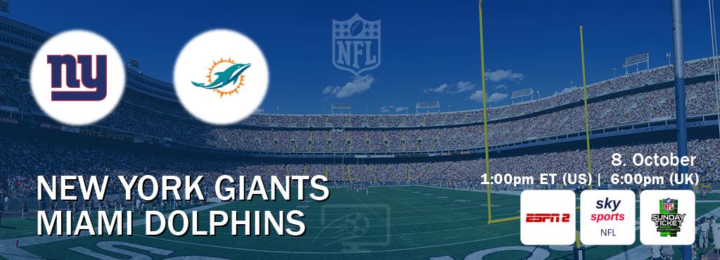 You can watch game live between New York Giants and Miami Dolphins on ESPN2(AU), Sky Sports NFL(UK), NFL Sunday Ticket(US).