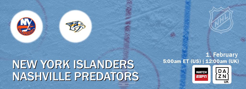 You can watch game live between New York Islanders and Nashville Predators on WatchESPN(AU) and DAZN UK(UK).