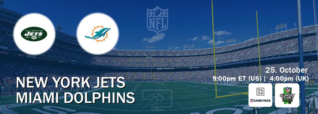 You can watch game live between New York Jets and Miami Dolphins on DAZN NFL Game Pass and NFL Sunday Ticket(US). You can watch game live between New York Jets and Miami Dolphins on DAZN NFL Game Pass and NFL Sunday Ticket(US).