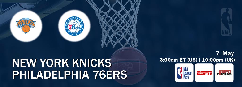 You can watch game live between New York Knicks and Philadelphia 76ers on NBA League Pass, ESPN(AU), ESPN Deportes(US).
