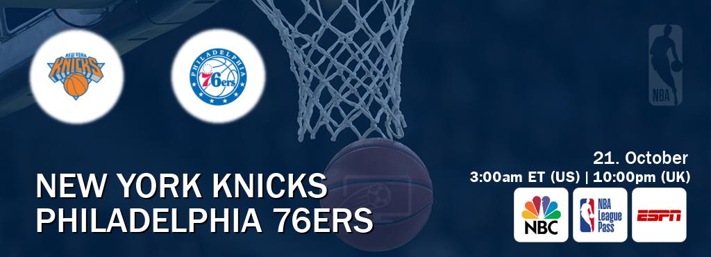 You can watch game live between New York Knicks and Philadelphia 76ers on NBC(US), NBA League Pass, ESPN(AU). You can watch game live between New York Knicks and Philadelphia 76ers on NBC(US), NBA League Pass, ESPN(AU).