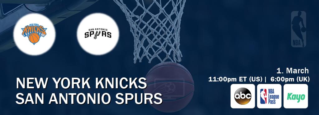 You can watch game live between New York Knicks and San Antonio Spurs on ABC(US), NBA League Pass, Kayo Sports(AU). You can watch game live between New York Knicks and San Antonio Spurs on ABC(US), NBA League Pass, Kayo Sports(AU).