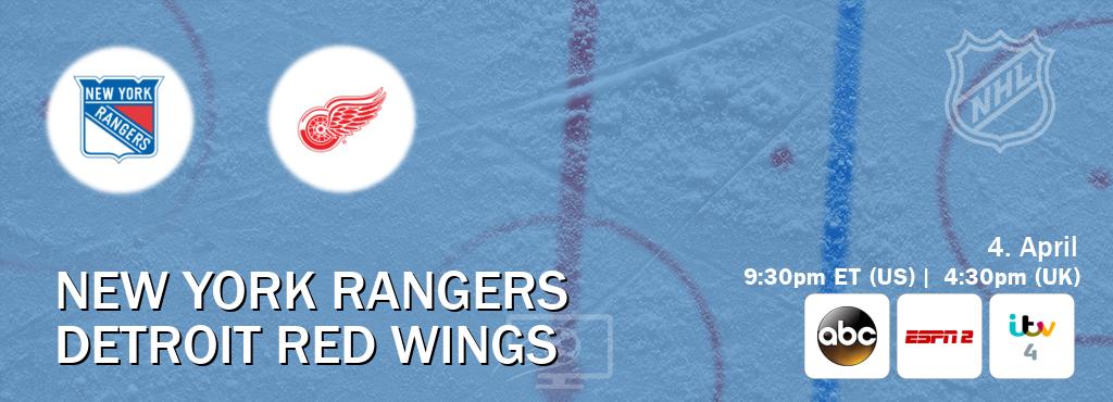You can watch game live between New York Rangers and Detroit Red Wings on ABC(US), ESPN2(AU), ITV 4(UK).