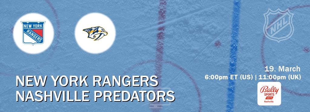 You can watch game live between New York Rangers and Nashville Predators on Bally Sports Nashville.