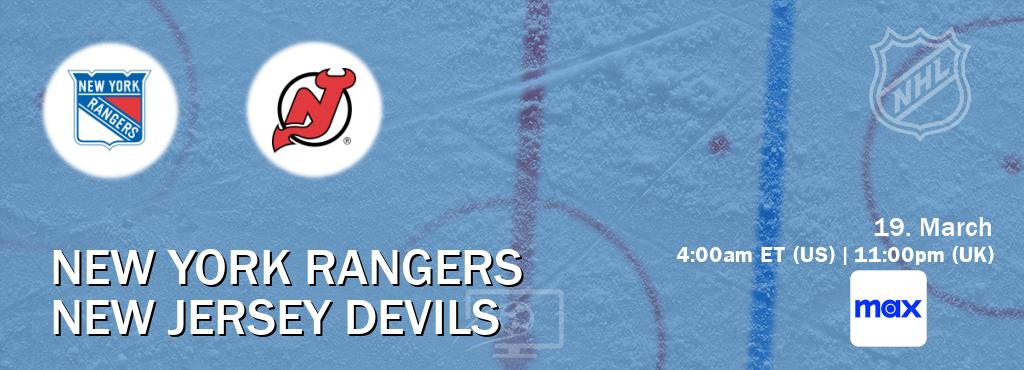 You can watch game live between New York Rangers and New Jersey Devils on Max(US).
