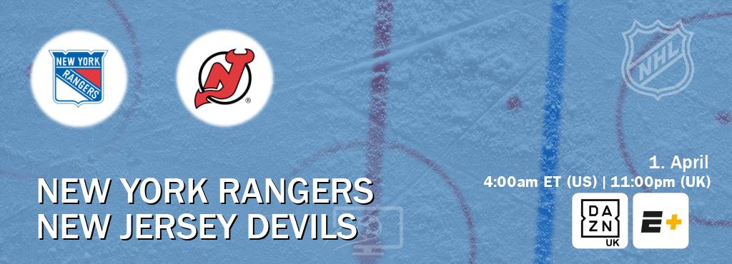 You can watch game live between New York Rangers and New Jersey Devils on DAZN UK(UK) and ESPN+(US). You can watch game live between New York Rangers and New Jersey Devils on DAZN UK(UK) and ESPN+(US).