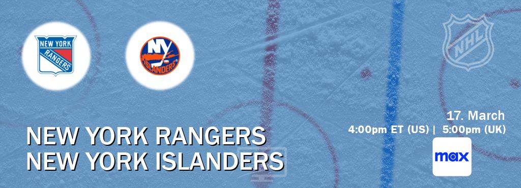 You can watch game live between New York Rangers and New York Islanders on Max(US).