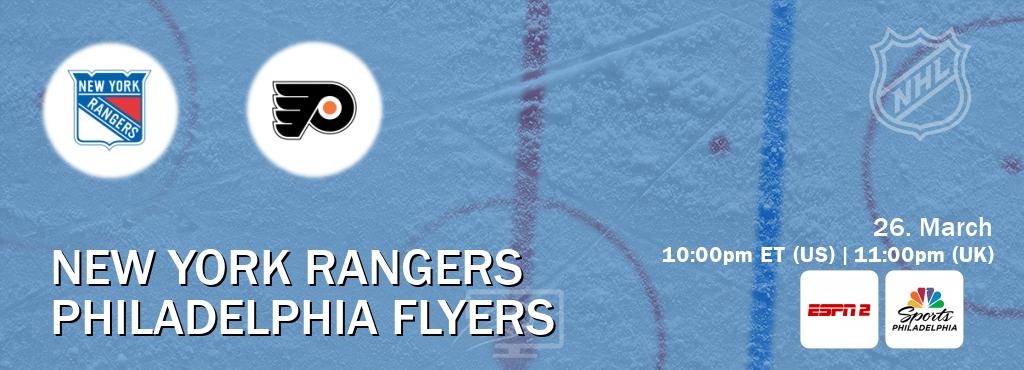 You can watch game live between New York Rangers and Philadelphia Flyers on ESPN2(AU) and NBCS Philadelphia(US).
